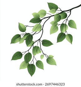 Detailed image of a tree branch with numerous vibrant green leaves, showcasing intricate details of leaf veins and branch structure.