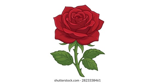 Detailed image of a vivid red rose flower with lush green leaves, ideal for romantic, floral, or nature-themed projects.