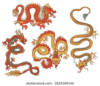 Detailed images of asian dragon set of cartoon vector illustrations isolated on white background. Chinese traditional dragon zodiac mascot or tattoo design.