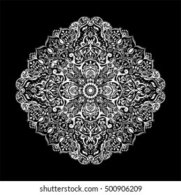 Detailed indian Mandala. Boho chic. Vector isolated illustration on black background.
