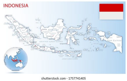 Detailed Indonesia administrative map with country flag and location on a blue globe. Vector illustration