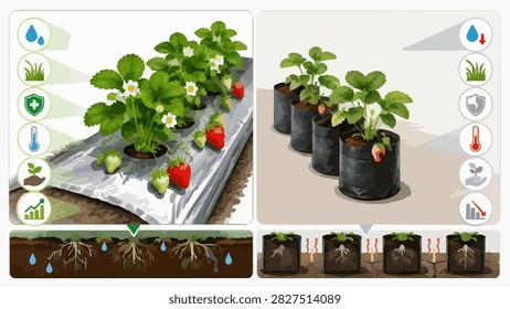 Detailed infographic comparing two strawberry farming methods: optimal growth with mulching and proper care versus stunted growth in hot containers, highlighting benefits and drawbacks for crop yield