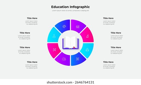 Detailed infographic design featuring a circular layout with educational icons and 8 segments. Perfect for academic presentations and data visualization. Central focus is a book depiction