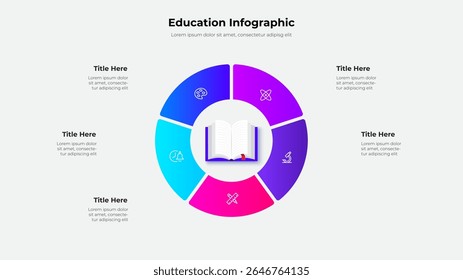 Detailed infographic design featuring a circular layout with educational icons and 5 segments. Perfect for academic presentations and data visualization. Central focus is a book depiction