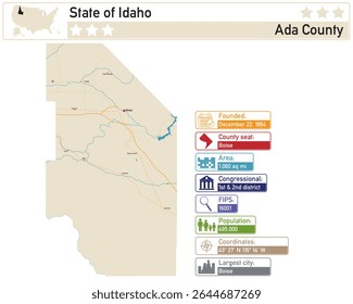 Detailed infographic and map of Ada County in Idaho USA.