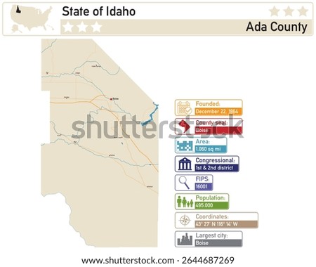 Detailed infographic and map of Ada County in Idaho USA.