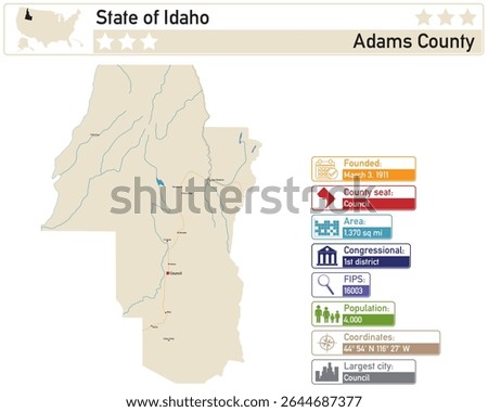 Detailed infographic and map of Adams County in Idaho USA.
