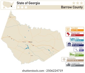 Detailed infographic and map of Barrow County in Georgia USA.