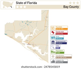 Detaillierte Infografik und Karte von Bay County in Florida USA.