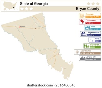 Infográfico detalhado e mapa de Bryan County, Geórgia EUA.