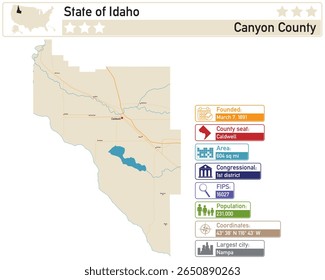 Detailed infographic and map of Canyon County in Idaho USA.
