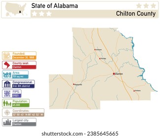 Detailed infographic and map of Chilton County in Alabama USA.