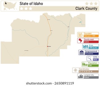 Infografía detallada y mapa de Clark County en Idaho, Estados Unidos.