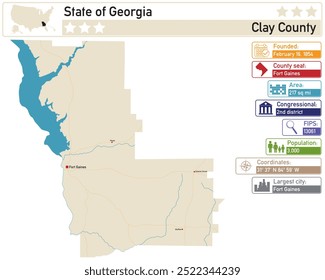 Detailed infographic and map of Clay County in Georgia USA.