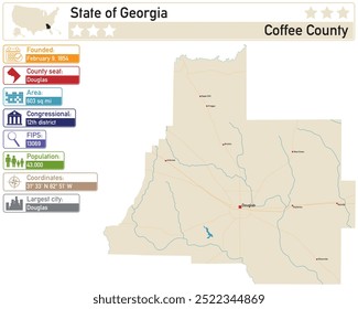 Detaillierte Infografik und Karte von Coffee County in Georgia USA.