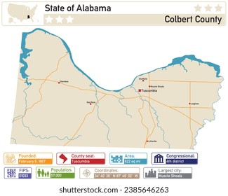 Infografía detallada y mapa del condado de Colbert en Alabama USA.