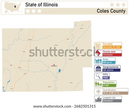 Detailed infographic and map of Coles County in Illinois USA.