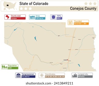 Detailed infographic and map of Conejos County in Colorado USA.