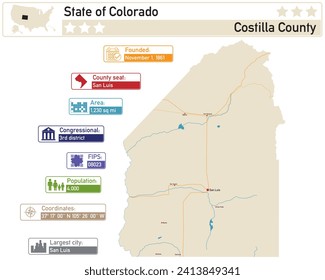 Detailed infographic and map of Costilla County in Colorado USA.