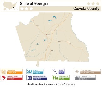 Detailed infographic and map of Coweta County in Georgia USA.