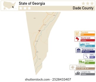 Infográfico detalhado e mapa de Dade County, Geórgia EUA.