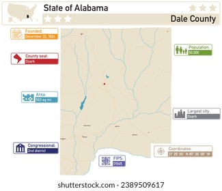 Detailed infographic and map of Dale County in Alabama USA. svg