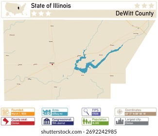 Detailed infographic and map of DeWitt County in Illinois USA.
