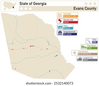 Detailed infographic and map of Evans County in Georgia USA.