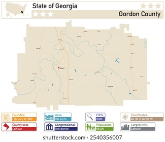 Detailed infographic and map of Gordon County in Georgia USA.