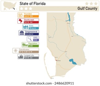 Detaillierte Infografik und Karte von Gulf County in Florida USA.