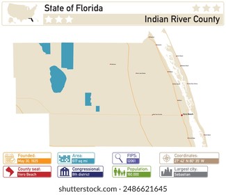 Detailed infographic and map of Indian River County in Florida USA.
