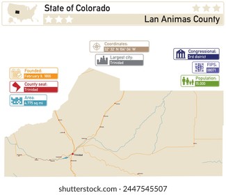 Detailed infographic and map of Las Animas County in Colorado USA.