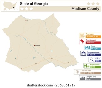 Detailed infographic and map of Madison County in Georgia USA.