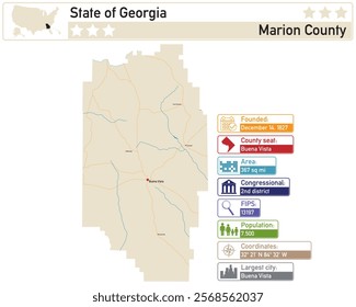 Detailed infographic and map of Marion County in Georgia USA.