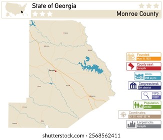 Detailed infographic and map of Monroe County in Georgia USA.