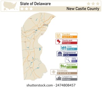 Detailed infographic and map of New Castle County in Delaware USA.