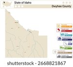Detailed infographic and map of Owyhee County in Idaho USA.