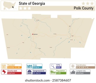 Detailed infographic and map of Polk County in Georgia USA.