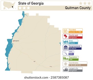 Detailed infographic and map of Quitman County in Georgia USA.