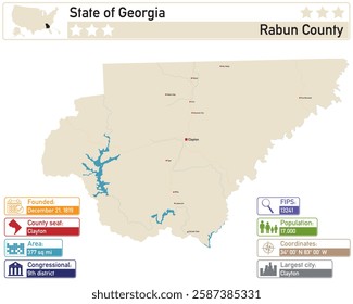 Detailed infographic and map of Rabun County in Georgia USA.