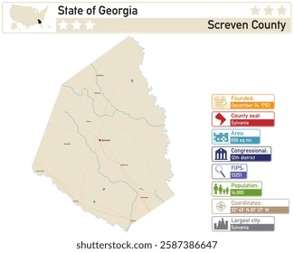 Detailed infographic and map of Screven County in Georgia USA.