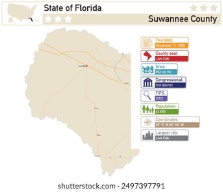 Detailed infographic and map of Suwannee County in Florida USA.