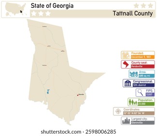 Detailed infographic and map of Tattnall County in Georgia USA.