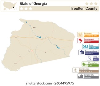 Detailed infographic and map of Treutlen County in Georgia USA.