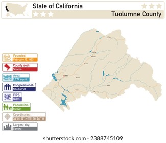 Detailed infographic and map of Tuolumne County in California USA.