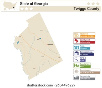 Detailed infographic and map of Twiggs County in Georgia USA.