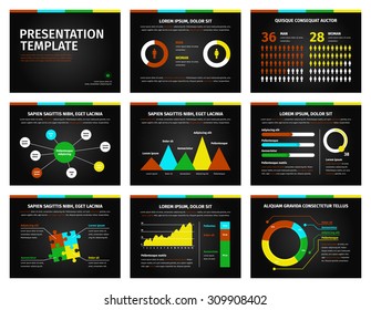 Detailed infographic set vector illustration. Colorful graphs and presentation graphics on black background.