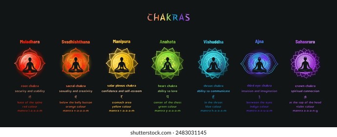 Detailed infographic vector showing 7 chakras with meditating figures, Sanskrit names, locations, colors, and associated traits. Includes English translations and brief descriptions for each chakra.