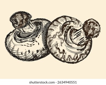 Detailed Ink Botanical Drawing of Champignon Mushrooms with textured shading. Hand drawn illustration of two mushrooms in vintage ink sketch style on beige background.