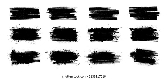 Detailed Ink brushstroke and paintbrush stencil template with splashes. Grunge set black ink brush stroke for text or backdrop. Artistic dirty design elements with drops blots. Vector grunge ink box